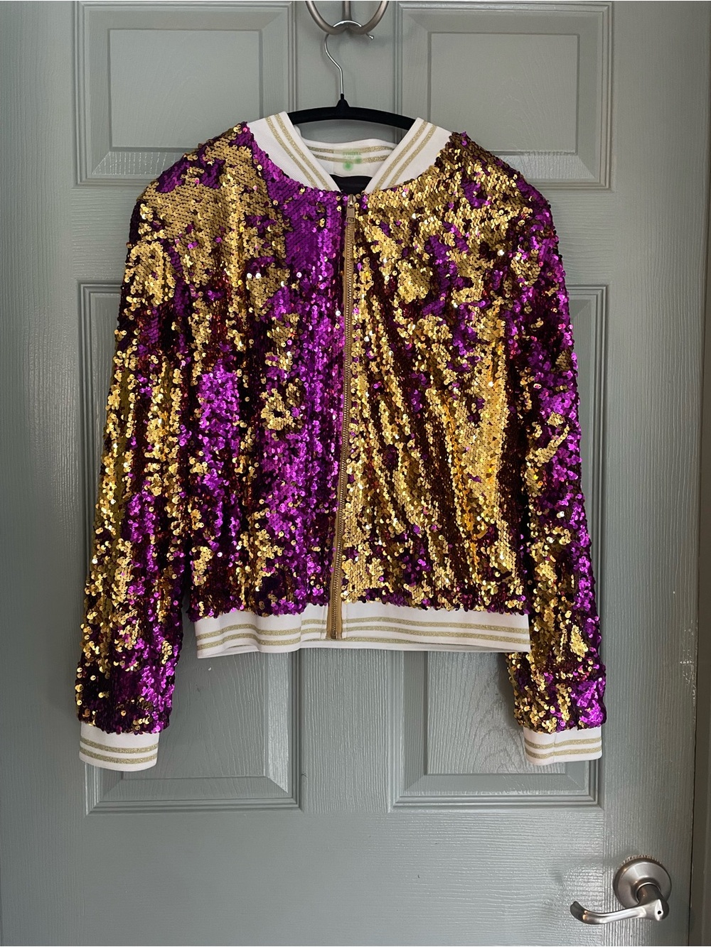 Purple & Gold Sequin Bomber Jacket - Women LSU Size L Gameday Mardi Gras - Picture 2 of 9